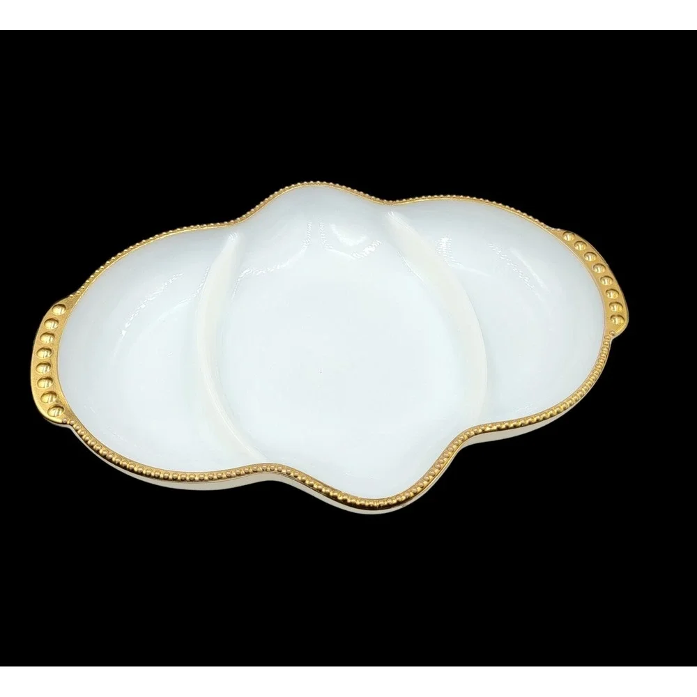 Fire King Anchor Hocking Milk Glass Divided Bright White Dish‎ Gilded Gold Trim